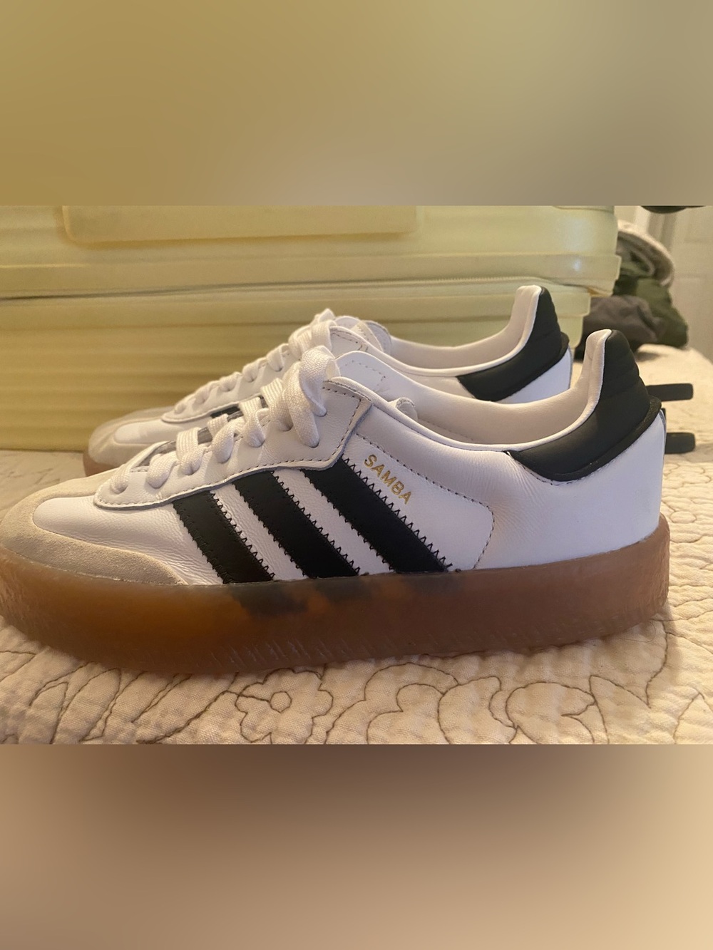 adidas White Sambas with Black Stripes and Gum Sole - Picture 2 of 4